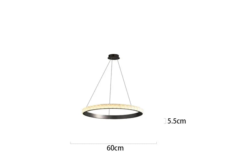 Circular black ring chandelier with luxury crystals, 60cm wide, 5.5cm tall, suspended by three thin wires.