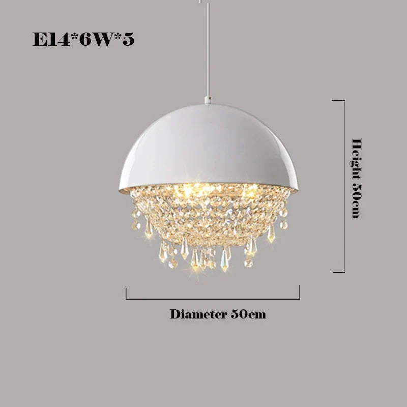 Hemispheric crystal chandelier with white dome shade, hanging crystals, semi-flush mount, 50cm size.