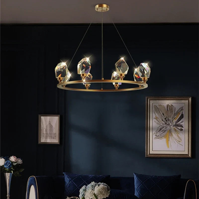 Maison Ornate Nordic Crystal LED chandelier with six faceted crystal lamps, elegant and dimmable.