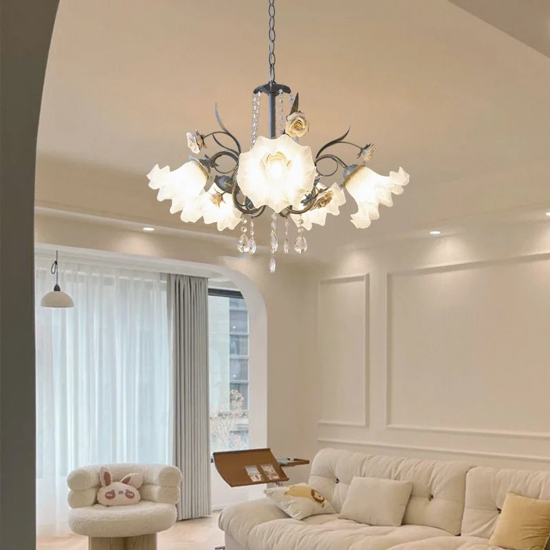 Art Deco Crystal Chandelier with Pastoral Glass Flowers
