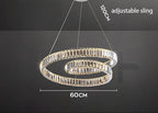 Modern chandelier with two crystal-embellished LED rings, adjustable hanging length, 60 cm diameter.