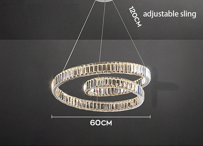 Modern chandelier with two crystal-embellished LED rings, adjustable hanging length, 60 cm diameter.