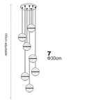 Line drawing of Maison Ornate Crystal Sphere Chandelier, seven LED globes hang from 30 cm base, 150 cm adjustable.