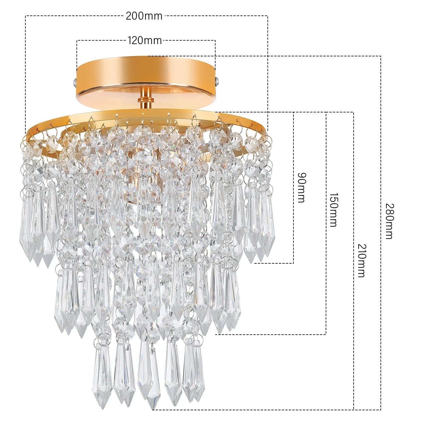 Maison Ornate Modern Crystal Art Deco Chandelier with gold stainless frame, crystal droplets; 200mm base, 280mm height.