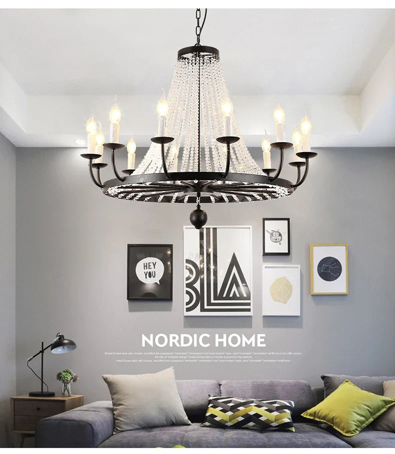 Maison Ornate Industrial Crystal Chandelier with iron and acrylic details suspended elegantly from ceiling.