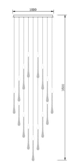 Modern LED crystal chandelier with 15 adjustable pendants, 3500mm high, 1000mm wide, shown in line drawing.