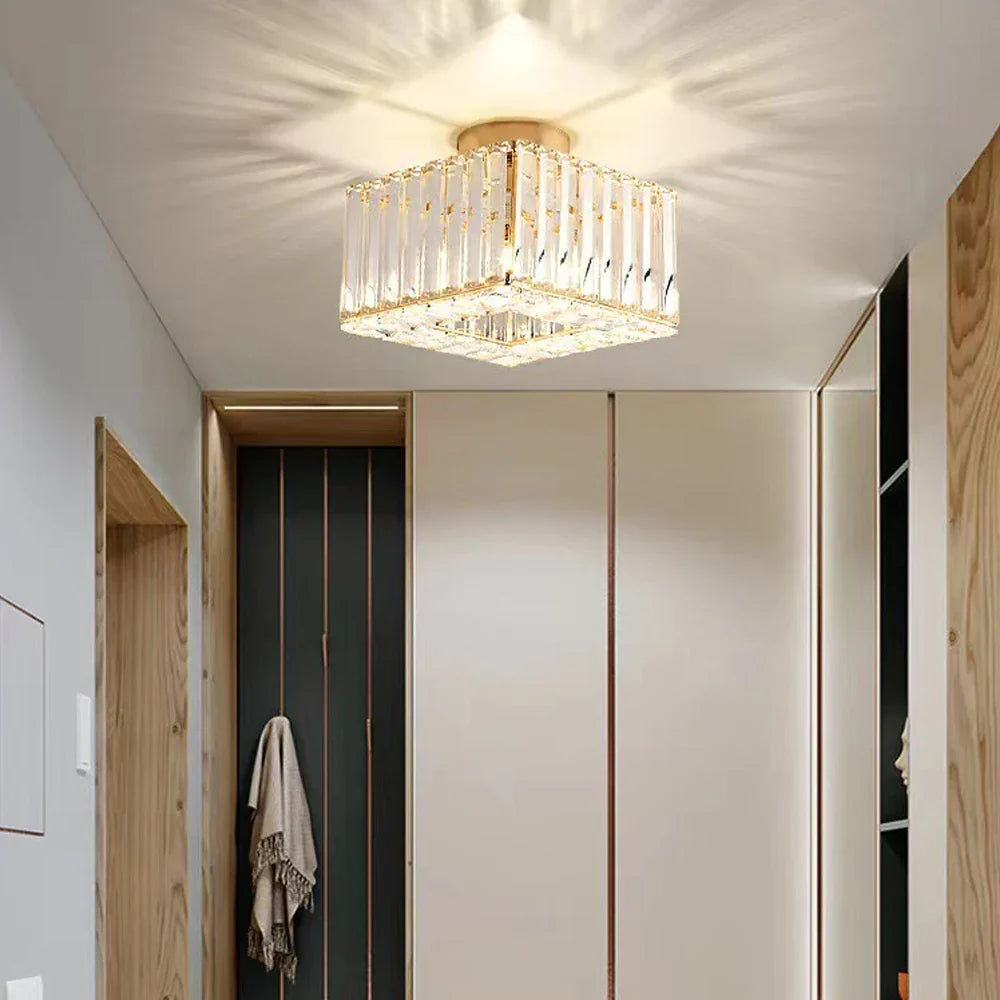 Maison Ornate Modern Square Crystal Glass LED Ceiling Light with sparkling, decorative prism design.