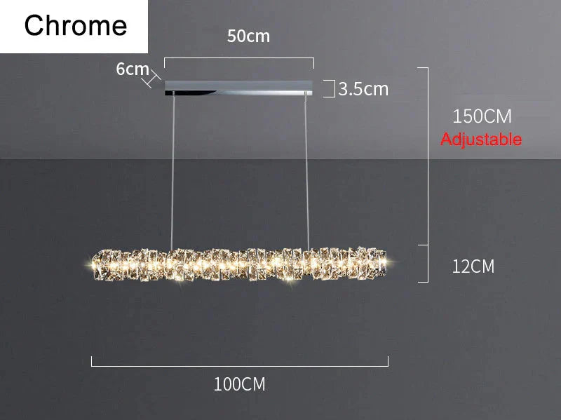 Rectangular chrome LED chandelier with dimmable crystal rings and adjustable suspension for modern interiors.