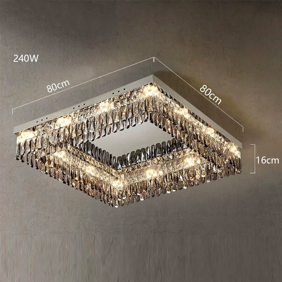 Square two-tier LED crystal chandelier with hanging crystals, 80x80x16cm, 240W, modern elegant design.