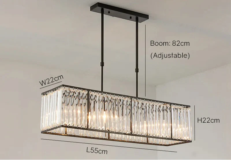 Modern rectangular LED crystal chandelier with black frame, crystal accents, and eight bulbs. Adjustable rods included.