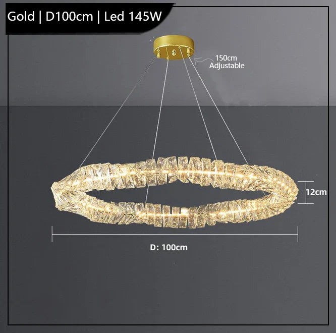 Gold oval K9 crystal chandelier with LED lights, 100 cm wide, modern industrial style.