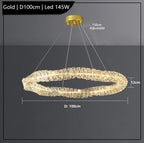 Gold oval K9 crystal chandelier with LED lights, 100 cm wide, modern industrial style.