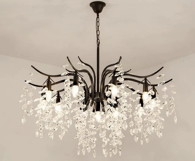 Maison Ornate Nordic Vintage Crystal LED chandelier with wrought iron finish and cascading crystal leaf arms.