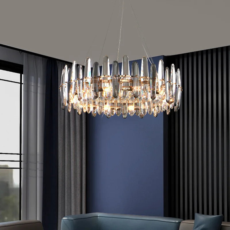 The Maison Ornate Dimmable K9 Crystal Chandelier with integrated LED, glass and metal design.