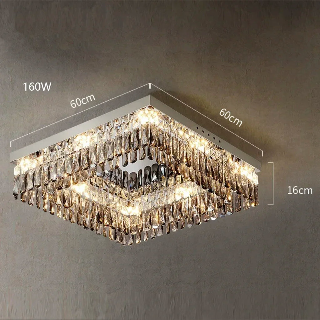 Elegant modern crystal bedroom chandelier by Maison Ornate, 60x60x16cm, 160W LED, cascading crystals.
