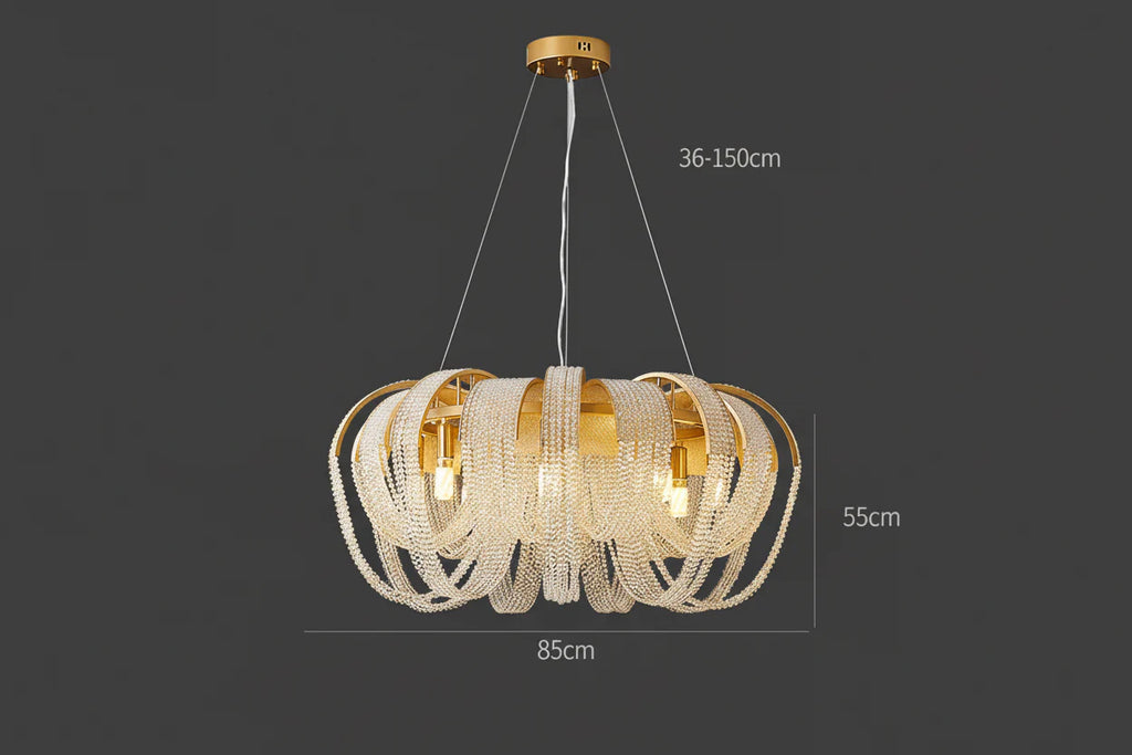 Ornate Modern Nordic chandelier with gold and crystal LED loops, round mount, adjustable height.