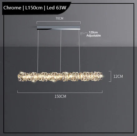 Chrome rectangular K9 crystal chandelier with adjustable wires, 70cm mount, and energy-efficient 63W LED lighting.