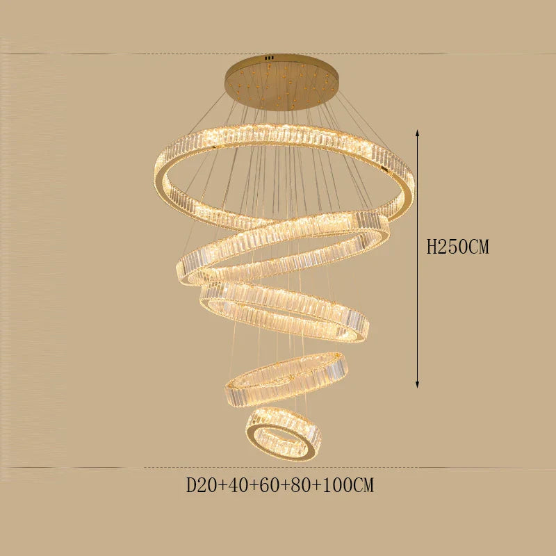 Five gold-toned LED rings chandelier, dimmable, spiral design, heights from 20–100 cm; overall 250 cm tall.