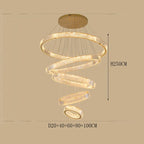 Five gold-toned LED rings chandelier, dimmable, spiral design, heights from 20–100 cm; overall 250 cm tall.