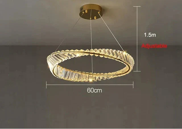 Gold modern crystal industrial chandelier, 60 cm diameter, adjustable 1.5 m length, remote control included.