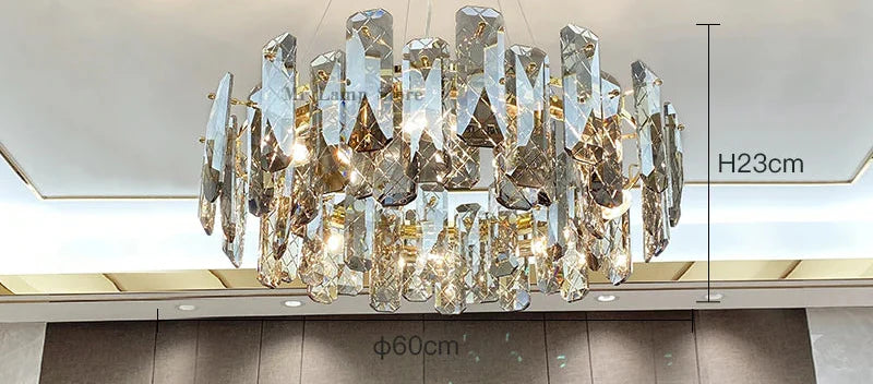 Maison Ornate Modern Crystal LED Ceiling Light with angular glass pieces, 60cm diameter, luxury chandelier.