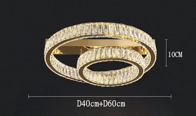 Dual concentric crystal rings chandelier in stainless steel, 10 cm tall, elegant modern design.