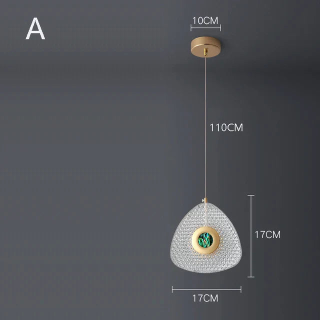 Art Deco chandelier with gold emerald suspension, triangular textured glass shade, and 10cm ceiling base.