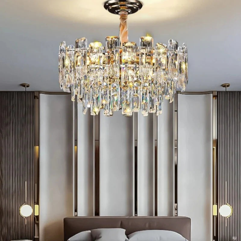 The Modern LED Crystal Artistic Design Hanging Light features a sleek, elegant crystal chandelier design.