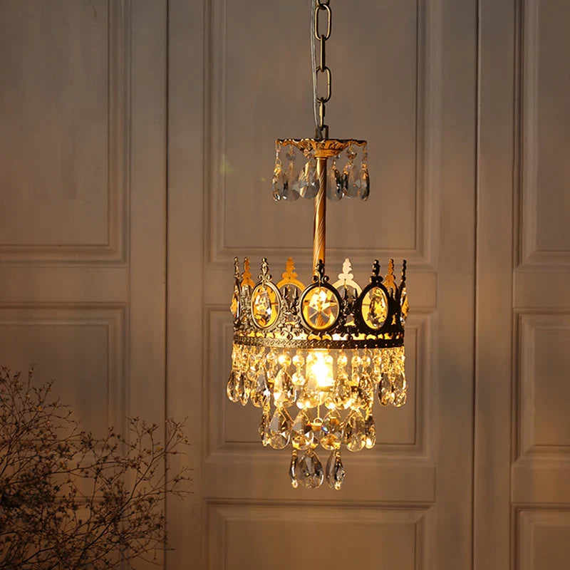 Maison Ornate Crystal Ball Chandelier with gold details and crystal rows for retro indoor lighting.