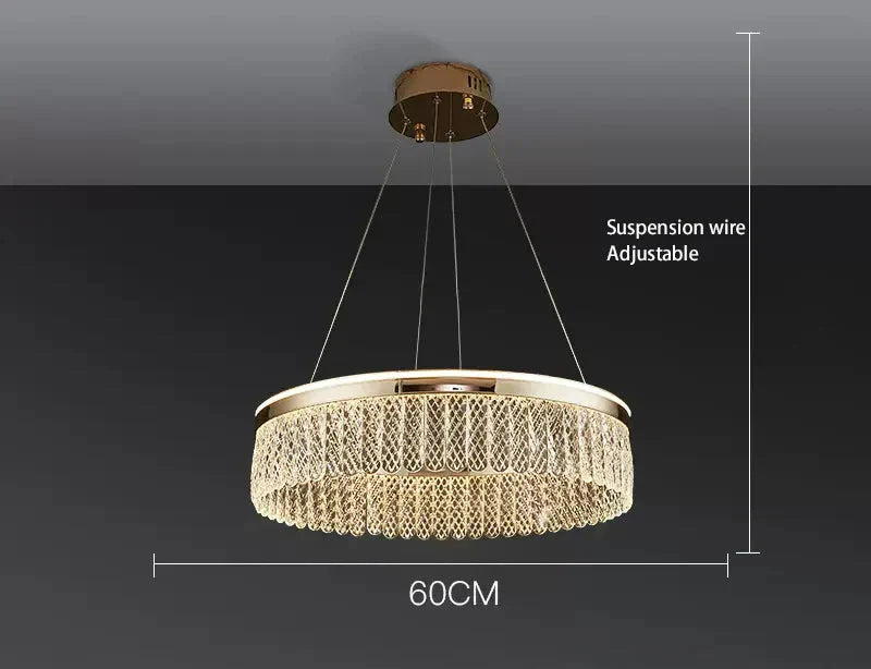 Modern crystal ball chandelier with gold rings, 60 cm diameter, suspended by four adjustable wires.