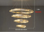 Maison Ornate LED chandelier with four suspended gold rings, adjustable wires, sleek contemporary design.