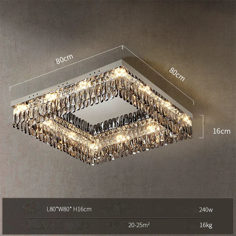 Rectangular LED chandelier with dual crystal rows, 80x80x16 cm, 240W, elegant modern design.
