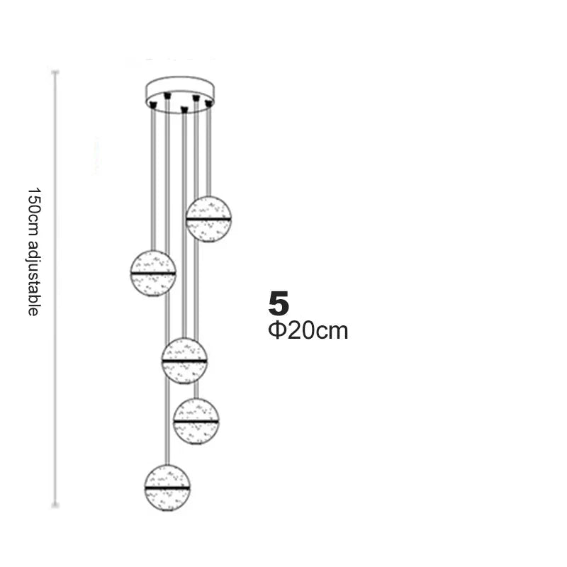 Maison Ornate Crystal Sphere Chandelier with five adjustable-height LED spheres, round ceiling mount.