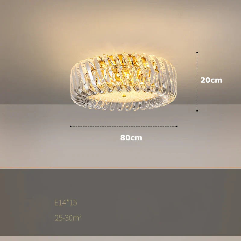 Round gold and glass chandelier with crystals, 80x20 cm, uses 15 E14 bulbs.