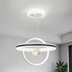 Modern circular crystal chandelier with dual luminous rings and inner sphere; elegant, adjustable luxury lighting.