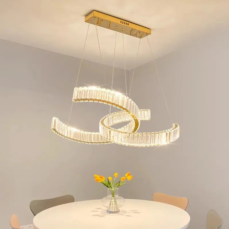 Maison Ornate postmodern crystal chandelier with two illuminated loops and stainless steel details.