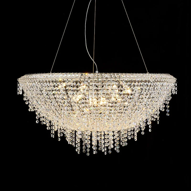 Bowl-shaped modern LED chandelier with multiple crystal strands, sparkling as an elegant focal point.
