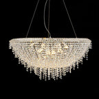Bowl-shaped modern LED chandelier with multiple crystal strands, sparkling as an elegant focal point.