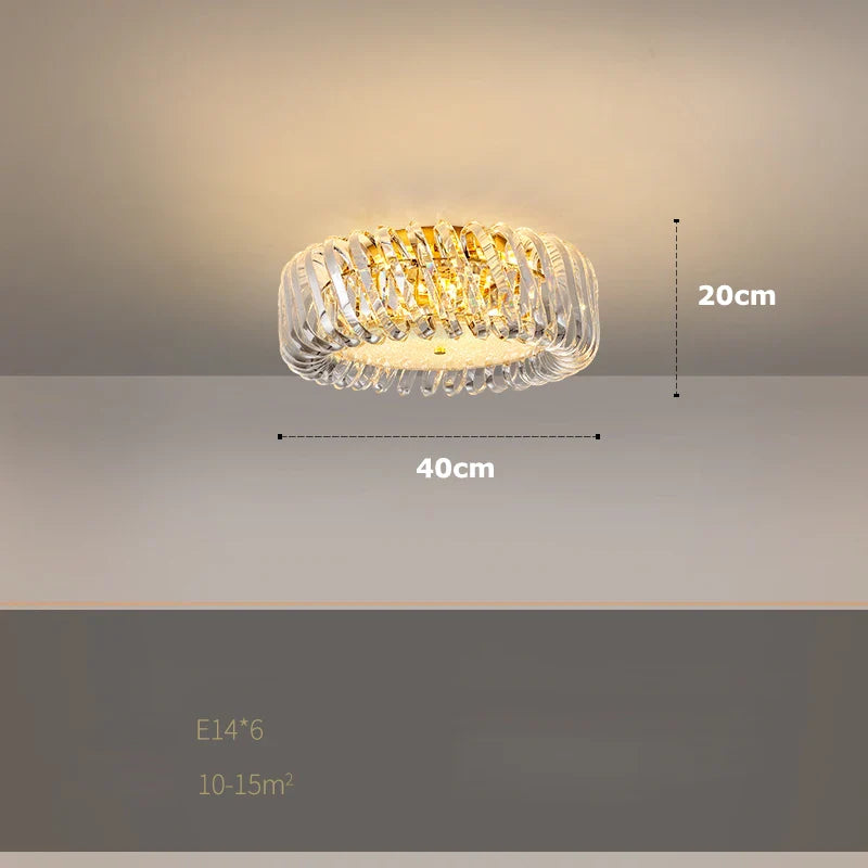 Modern round crystal chandelier with clear textured glass, 40x20cm, six E14 bulbs, for dining rooms.