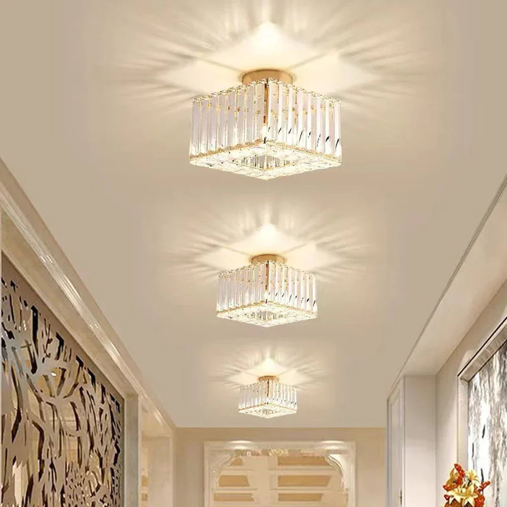Three Maison Ornate Modern Square Crystal Glass LED Ceiling Lights with intricate, reflective crystal detailing.