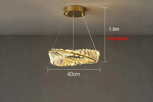 Gold and crystal chandelier, 40cm wide, remote control, adjustable 1.5m suspension for modern elegance.
