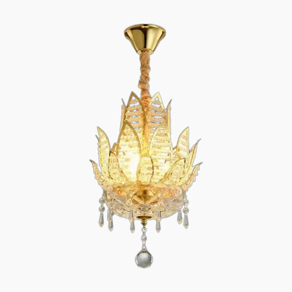 Ornate gold chandelier with lotus design, crystal droplets, rope-wrapped stem, and LED elements.