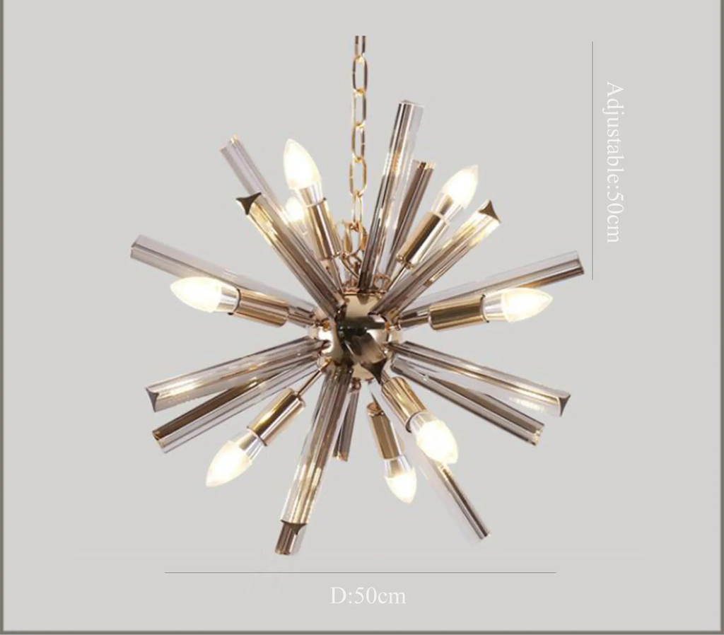 Modern starburst chandelier with gold rods, exposed bulbs, and adjustable chain; 50 cm diameter.
