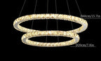 Two-tier circular crystal LED chandelier with dimmable rings; modern, industrial design, elegant pendant lighting.