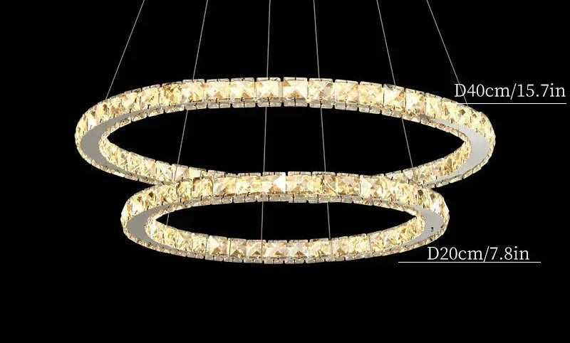 Two-tier circular crystal LED chandelier with dimmable rings; modern, industrial design, elegant pendant lighting.