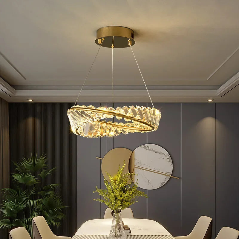 Maison Ornate K9 Crystal Chandelier features spiraling irregular rings and integrated LED lighting.