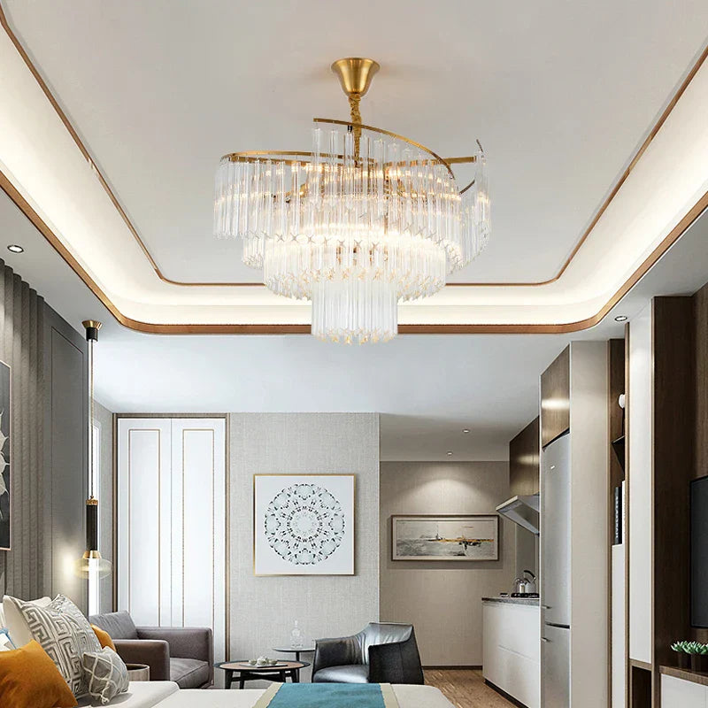 The Maison Ornate Elegant Modern Crystal Pendant Light hangs from the ceiling, showcasing its intricate crystal design.