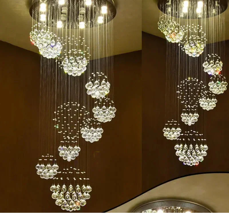 Stainless steel modern crystal chandelier with cascading spiral strands, smart device compatible lighting.