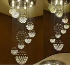 Stainless steel modern crystal chandelier with cascading spiral strands, smart device compatible lighting.