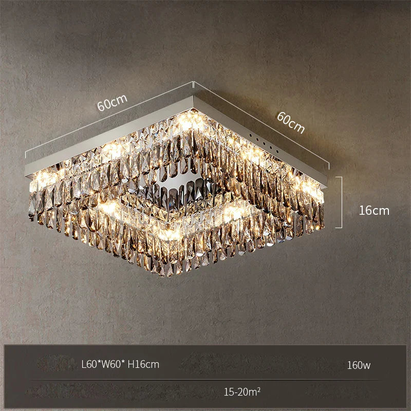 Rectangular LED crystal chandelier with dual prism layers, 160W, warm light, size 60×60×16cm.